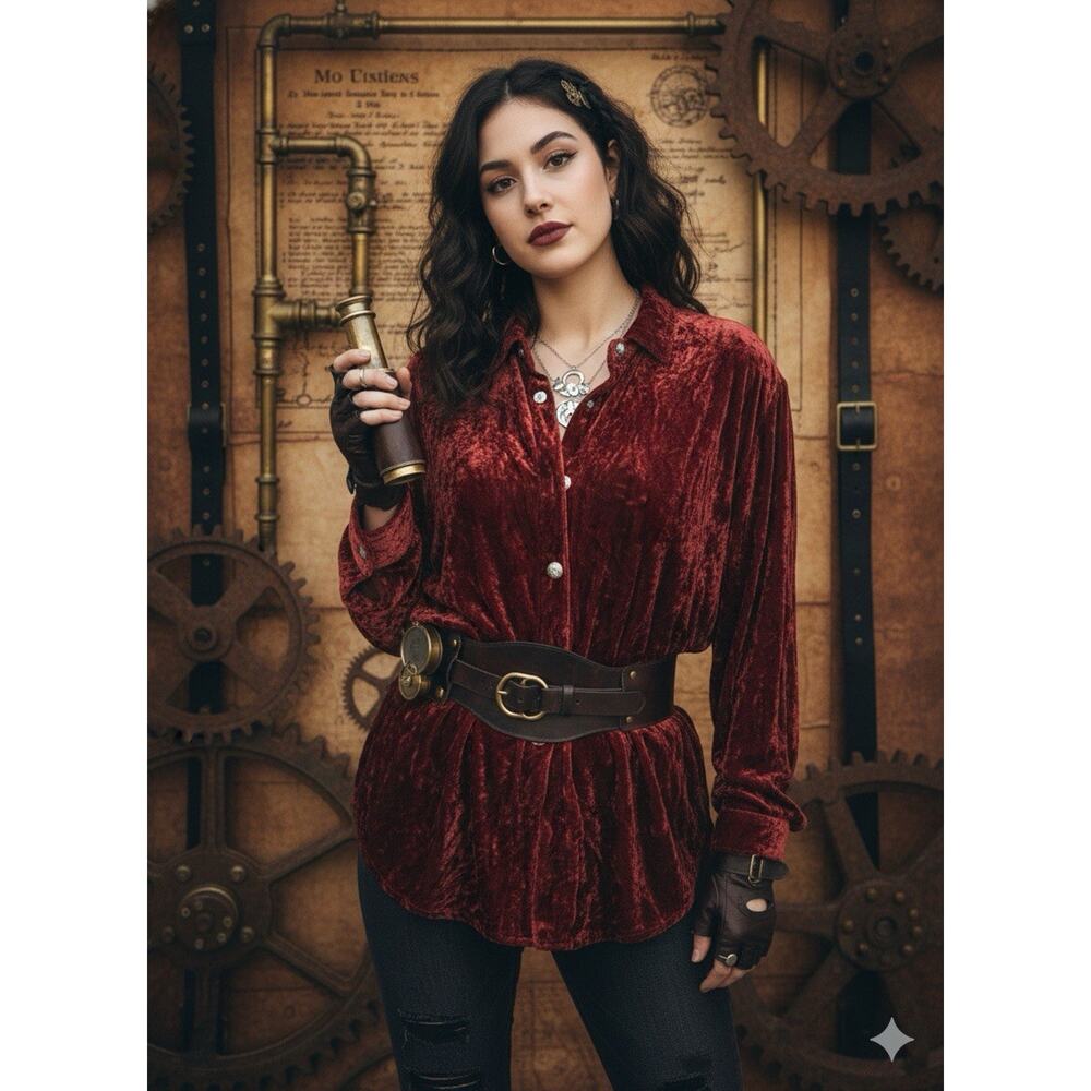 VTG 90’s For Joseph Women Crushed Velvet Button Down Shirt Terracotta L USA Boho